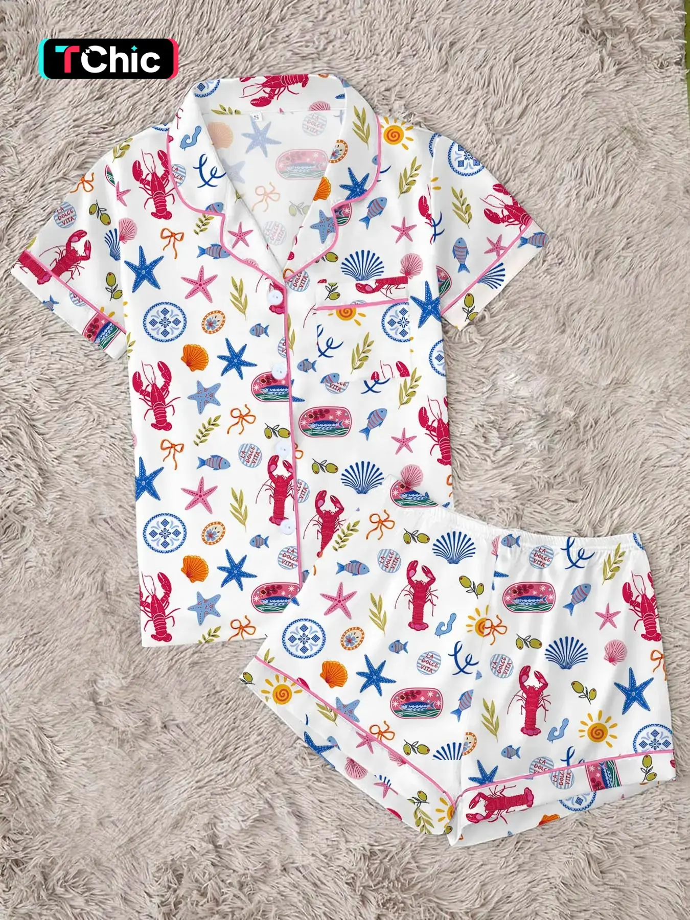 Ocean Print Short Sleeve Pajama Set, Women's 2-Piece Button Down Loungewear, Summer Beach Themed Sleepwear with Lobster & Starfish, Loungewear Shorts Sets, Ocean Nautical Loungewear