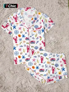 Ocean Print Short Sleeve Pajama Set, Women's 2-Piece Button Down Loungewear, Summer Beach Themed Sleepwear with Lobster & Starfish，Casual Loungewear for Everyday & Sleepovers，Beach Vacation Lazy Days