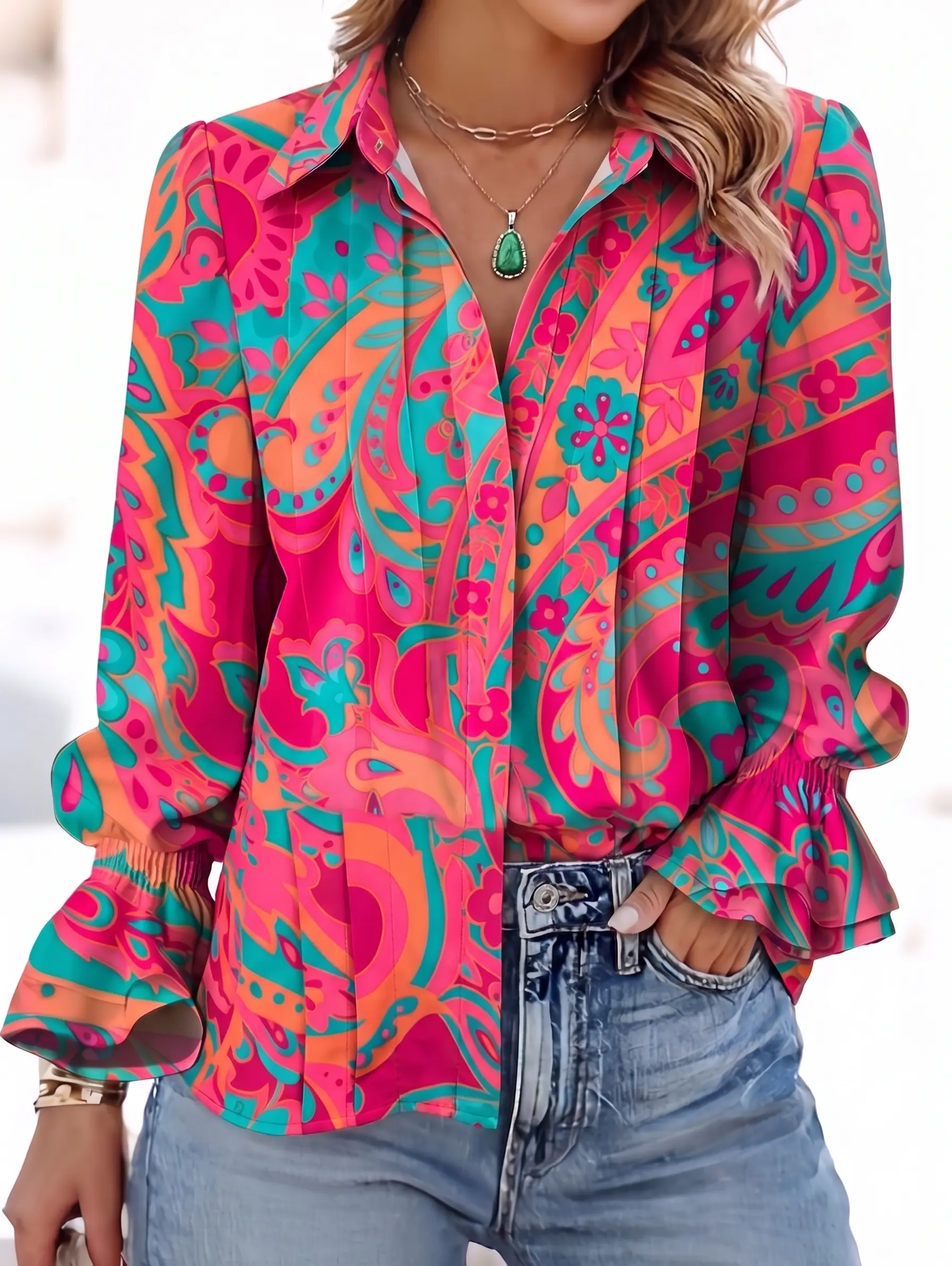 Chic Petal Women's Pink & Teal Floral Print Blouse - Long Ruffle Sleeves, Pleated Front, Fabric Shirts, Retro Country Concert OOTD Elegant Black