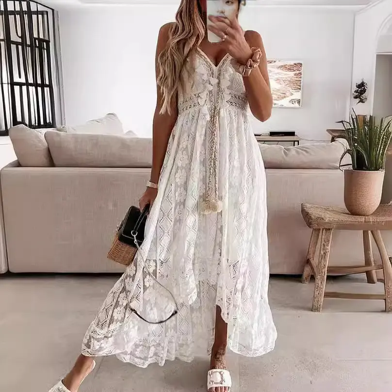 2026 Summer New Arrival: Euro-American Style Lace Camisole Solid-Color Maxi Gown with a Full Skirt