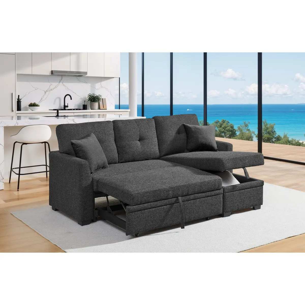 Linen Blend Upholstered 3-Seat L-Shape Sectional Sofa with Chaise Lounge - 76.5" Length, Extendable Pull-Out Bed, Chaise Storage, Tool-Free Setup, Medium Firmness, Space-Saving for Multiple Room Types