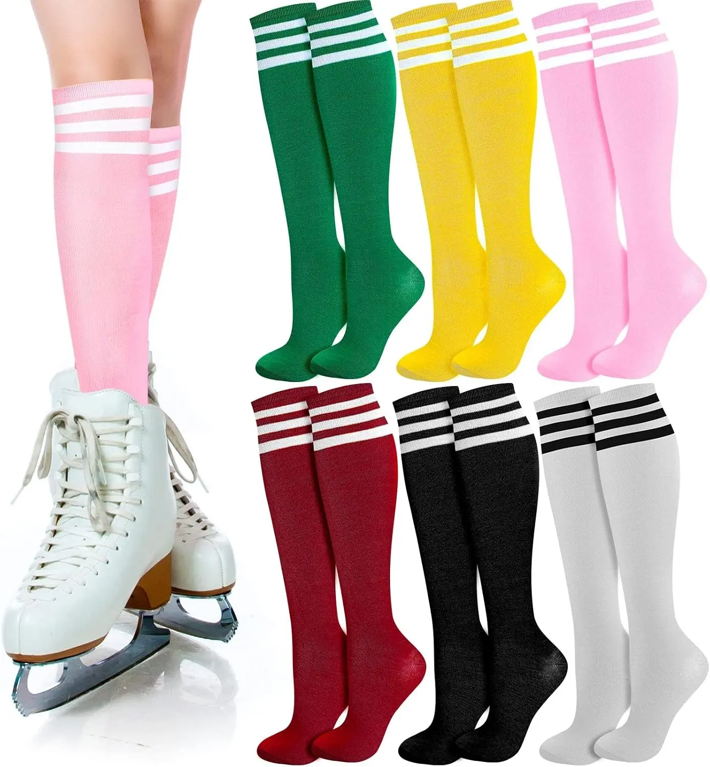 6 Pairs Women's Knee High Striped Socks, Thin Athletic Long Tube Socks for Soccer, Basketball, Cheerleading, Roller Skating, Team Uniforms & Daily Wear