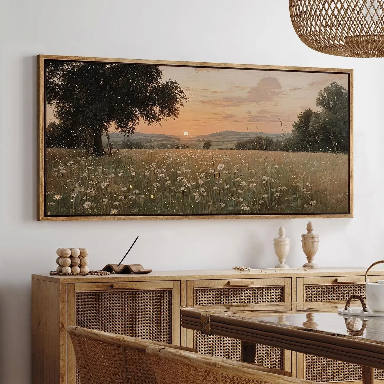 Wildflower Sunset Canvas Wall Art, Framed Golden Field Landscape Print, Rustic Countryside Decor, Large Living Room Artwork Z