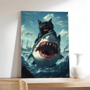 1pc wooden frame wall art, A_black_cat_riding_on_the_back_of_an_open-mouthed_shark_4 birthday party decoration, Mother's Day, New Year, Easter gifts for mother, family living room decoration, office wall decoration, bathroom