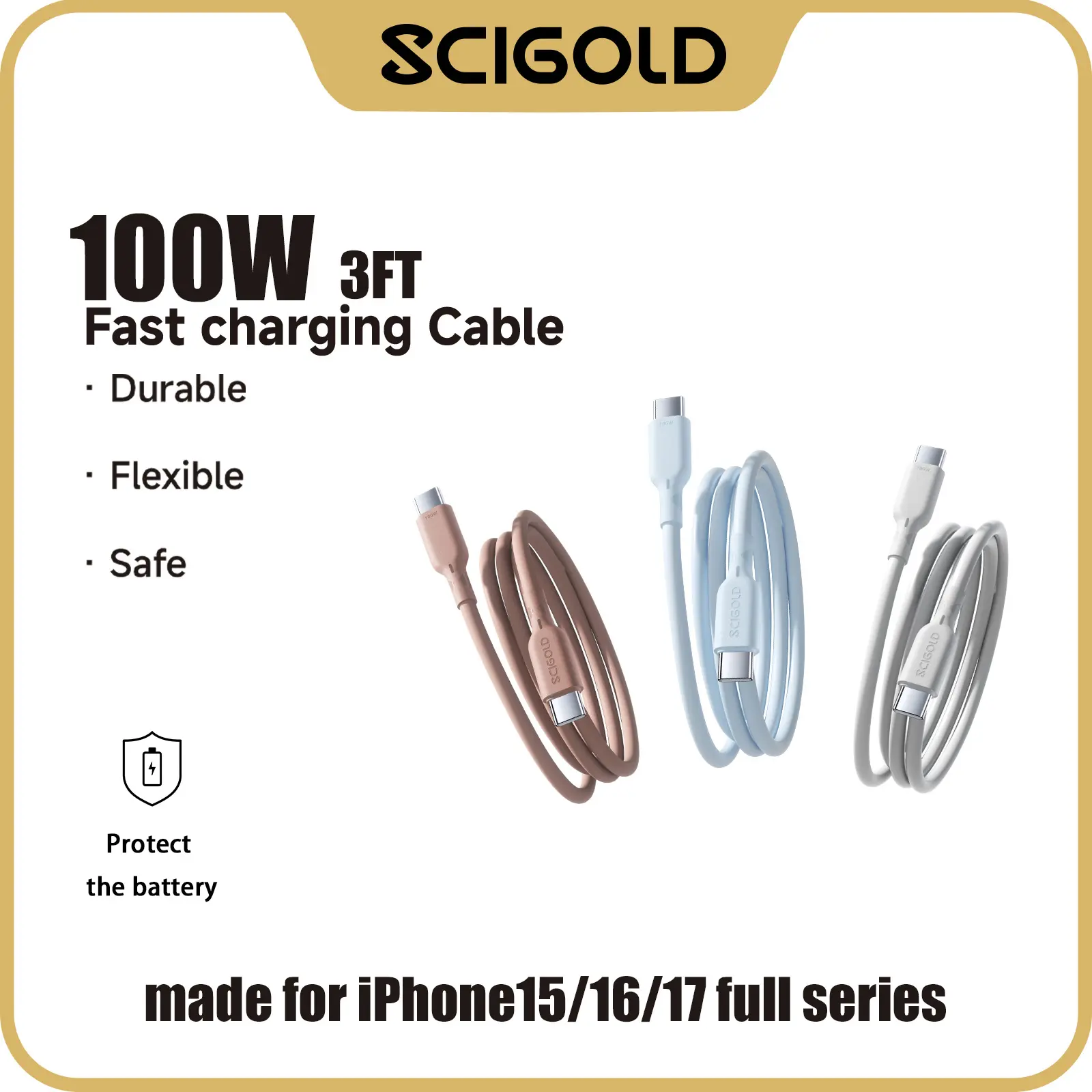 Scigold 2-Pack USB-C to USB-C 100W Fast Charging Cable 3FT, Soft Silicone PD Charger Cord for iPhone 15/16/17 Series, Samsung Galaxy S24/S23, MacBook Air/Pro, iPad Pro