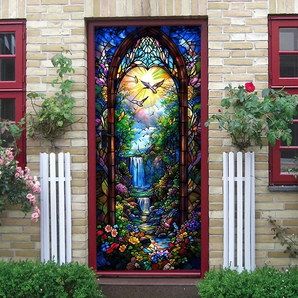 2pcs Stained Glass Window Wall Sticker Decorative Door Mural with Waterfall Forest Dove Sunbeam Design Self Adhesive Removable Vinyl Decal for Living Room Bedroom Home Office Church Decoration Art Coll
