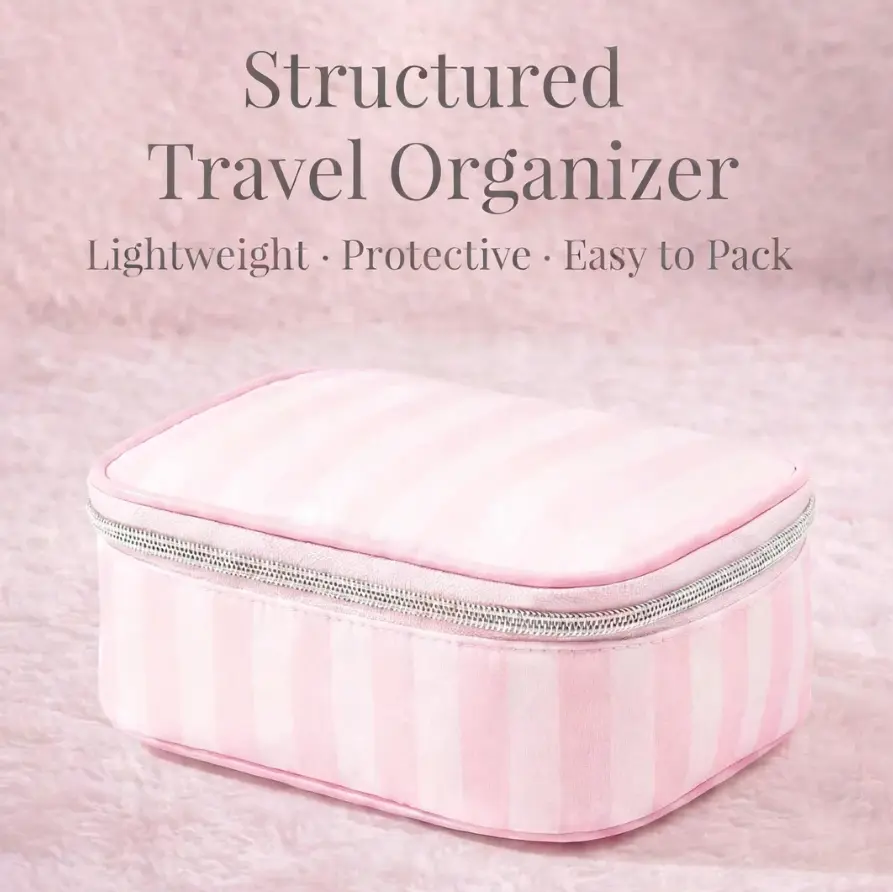 Unisex Striped Quilted Makeup Bag - Padded Puffy Travel Cosmetic Organizer, Large Capacity, Flat Lay Storage for Makeup Products (Spring 2026 Milestones), Chic, Mother's Day, Zip, Holiday, Synthetic, Metal Zipper, Flat Profile, Built-In Organizer