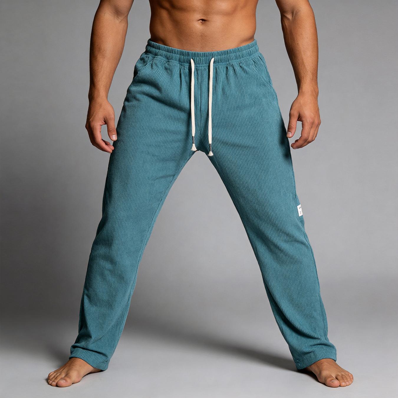 Men’s corduroy drawstring pants, casual straight-leg corduroy trousers with elastic waist, soft breathable loungewear for everyday wear and home