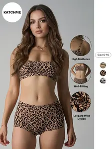 Women's Versatile Lightweight Leopard Print Thin Strap Bralette & Knicker Set, Soft Seamless Smoothing Womenswear Lingerie & Underwear Set