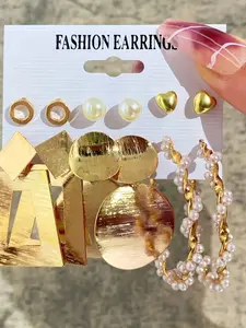 11pcsVintage Pearl Earrings Set, Geometric Square Hoop Earrings, Retro Style, Zinc Alloy Material, Party Jewelry, All Seasons, Hoop Earring Sets