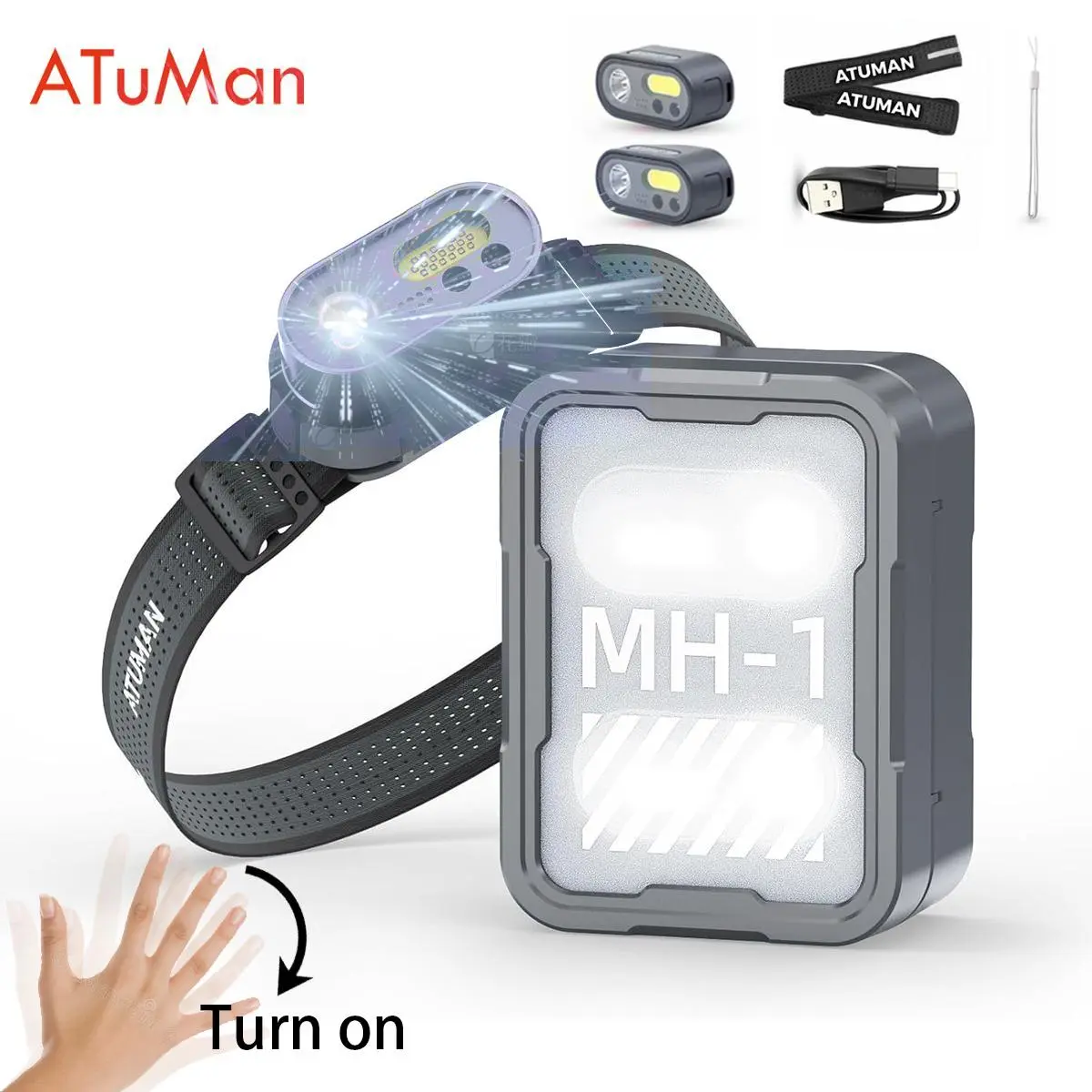 ATuMan MH1 LED Headlamp - Motion-Activated Flashlight, High Lumen Brightness, Rechargeable Hands-Free Lighting, Ultra-Long Battery Life for Camping, Sports (Yes)