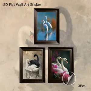 2D Flat Wall Art, 3Pcs PVC Self-Adhesive Framed Wallpaper Sticker, Elegant Waterbird & Swan Oil Painting Style Wall Decals, Vintage Wildlife Aesthetic Decor for Living Room, Bedroom, Ideal for Nature Lovers & Classic Art Fans
