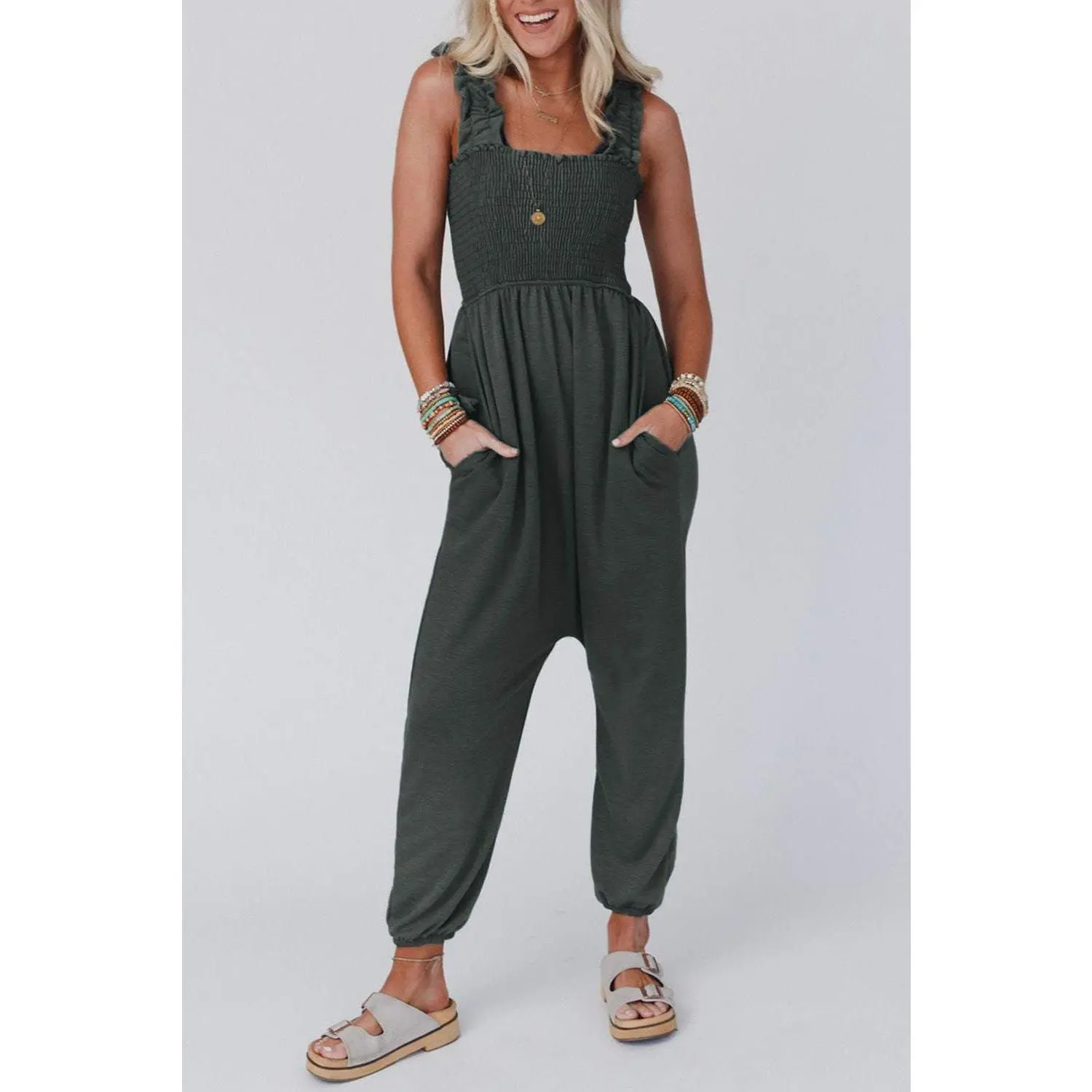 Gray Smocked Ruffled Straps High Waist Sleeveless Jumpsuit