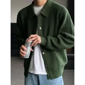 Early Autumn Dark Green Lapel Knitwear Cardigan Coat Men's Sweater Korean Style Men's Fashion Wear Casual