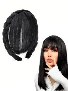 6 Inch Straight Soft Synthetic Hair Fake Bangs, Natural Fluffy Braided Headband with Solid Braid Design, Dark Brown Bangs Wig for Women, Daily Hair Used