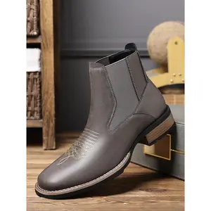 Men's Western Cowboy Boots, Square Toe Chelsea Boots, Ankle Jeans Boots, Casual Vintage Fashion Shoes, PU Leather Embroidered Booties