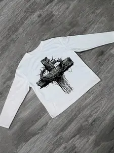 Men's Slim Fit Long Sleeve Graphic T-Shirt, Dual Face Print, Thorn Wood Carving Cross Pattern, Style, All Seasons, Casual Streetwear Top