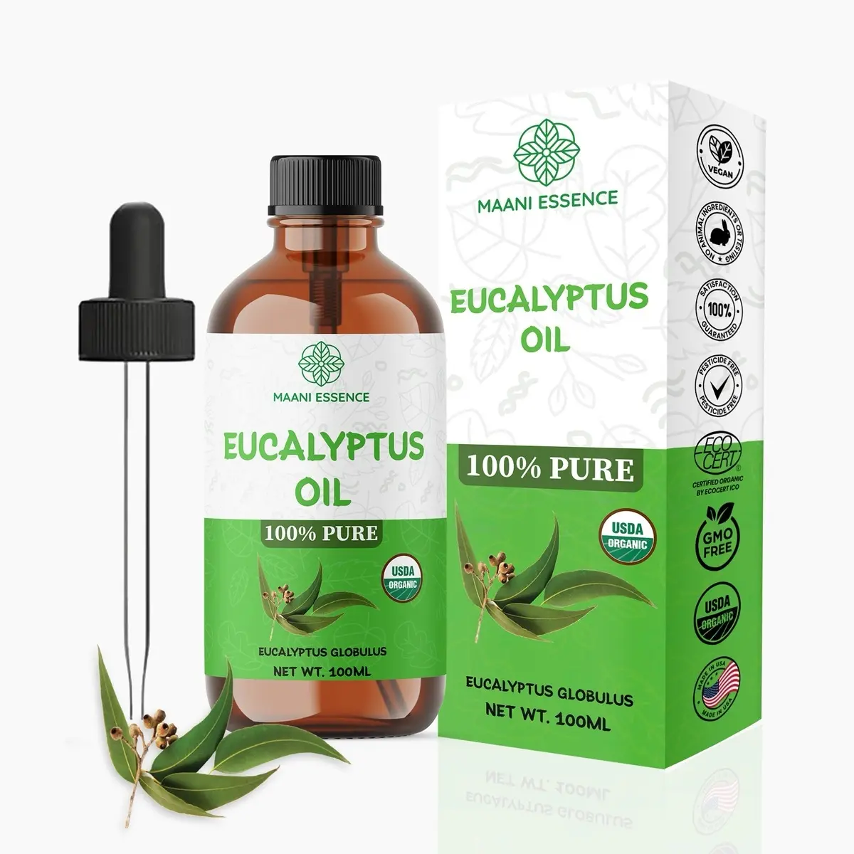 Organic Eucalyptus Body Massage Oil 100ml - 100% Pure Vegan Cosmetic, Unscented Hydrating Moisturizer for Body Care, Acne Relief & Hair Removal, Non-GMO, Made in USA, Antibacterial