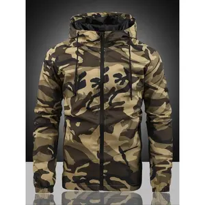 Men’s camouflage print drawstring zip-up hooded jacket, long-sleeve waterproof windproof outerwear for outdoor daily wear, fashionable men’s clothing