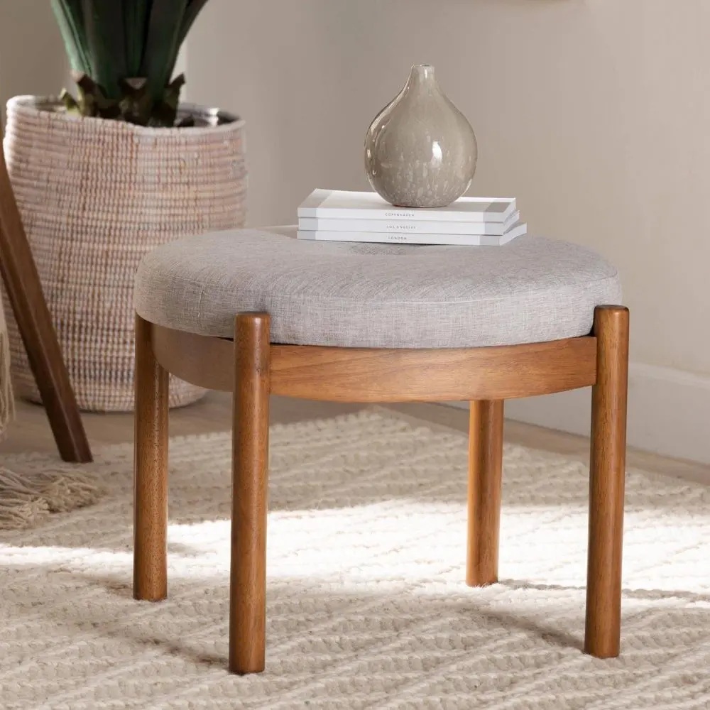 Iliana Fabric and Wood Ottoman Footstool Grayish Beige/Walnut Brown - Baxton Studio: Japandi Inspired Rubberwood Frame Button-Tufted