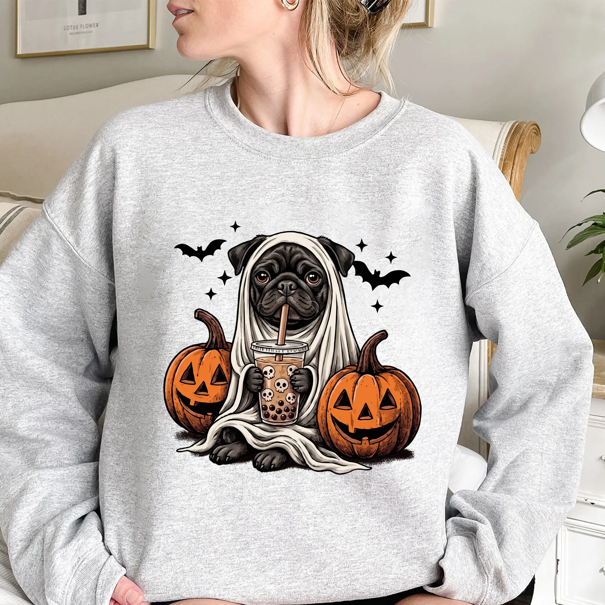 Pug Halloween Sweatshirt, Cute Ghost Dog Crewneck, Spooky Pug Pumpkin Graphic Pullover, Halloween Dog Lover Sweatshirt, Funny Fall Pug Shirt, Pet Lover Gift for Women