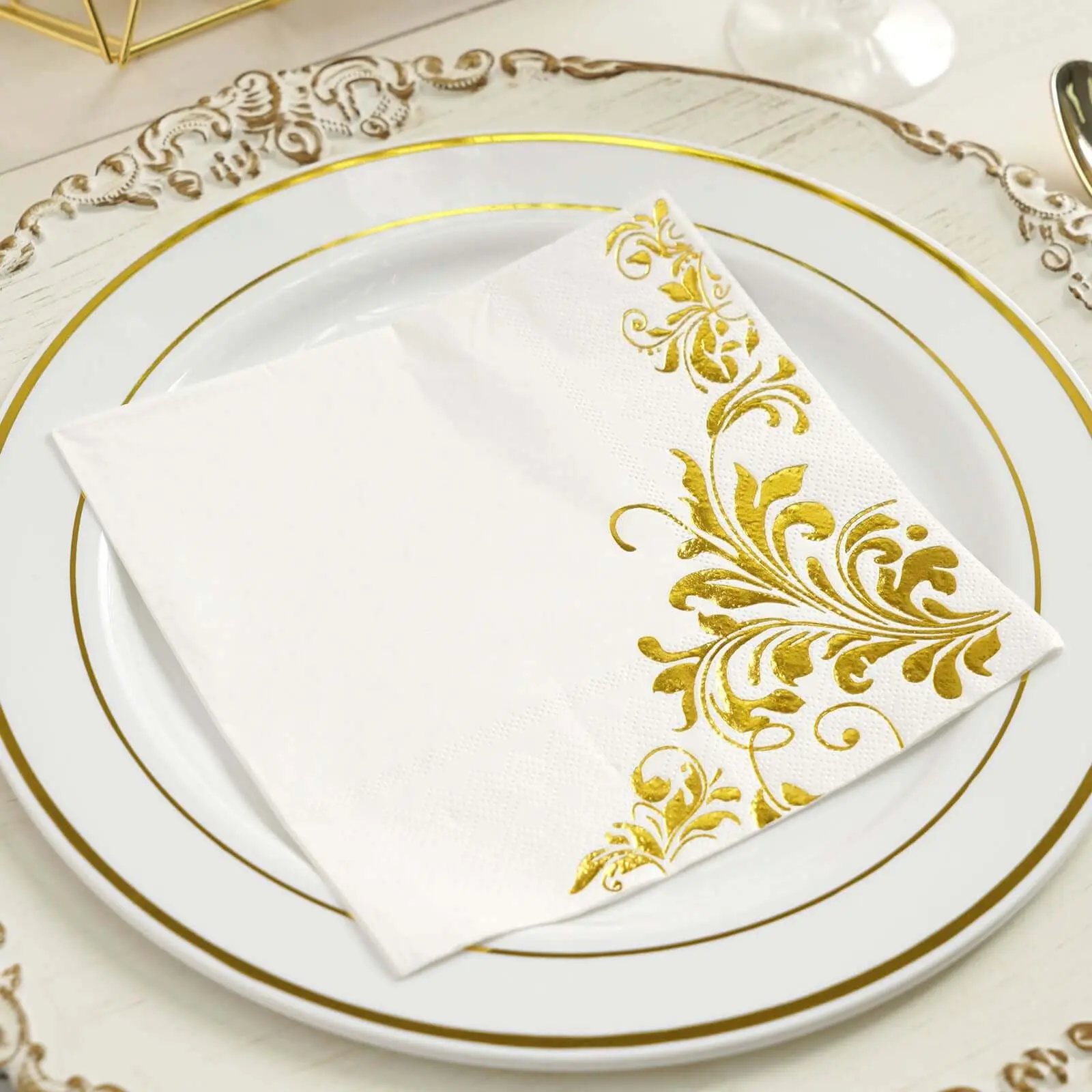 20-Pack Disposable 3-Ply Paper Dinner Napkins - Floral Design with Metallic Gold, Festive Party Supplies for Weddings