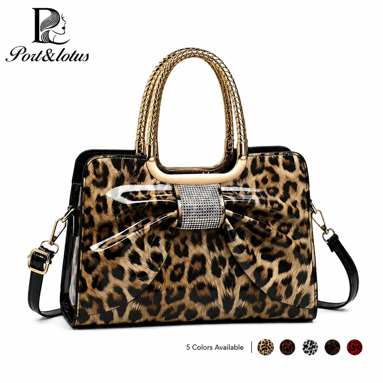PORT&LOTUS Women's Satchel Handbag, Feminine Aesthetic Leopard-Print PU Leather with Oversized Rhinestone Bow & Braided Handle, Medium Capacity for Casual Wear, Satchel Purse, Style And Functionality, Chic Holiday, Oversize Bow