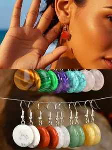 Vintage Natural Stone Earrings, Round Dangle Bohemian Style, Jade Crystal Tiger Eye Pendant, High-End Jewelry Accessories, Metal Coated