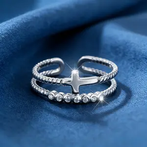 Stylish Openwork Double-Layered Cross Crystal Ring with Unique Trendy and Sophisticated Feel for Women