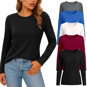 Women’s three-piece set: loose-fit long-sleeve crew-neck classic T-shirt, fall/winter top & base layer; casual minimalist solid-color crew-neck three-piece set — regular fit