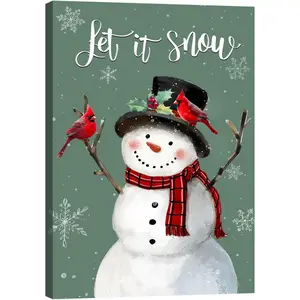 Qesonoo Let It Snow Snowman Christmas Decorations Green Indoor Xmas Wall Decor Cardinal Snowflake Hanging Pictures Winter Holiday Seasonal Canvas Wall Art for Home Office Party Framed
