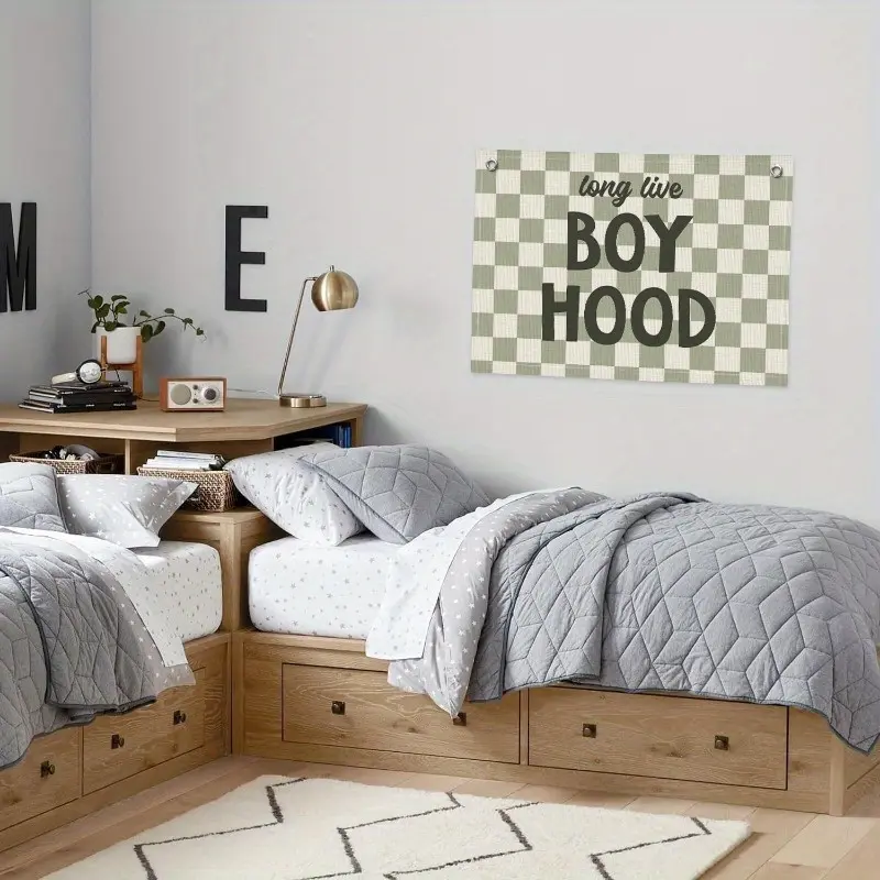 "Long Live Boy Hood" Green and White Checkered Canvas Banner - 3x5ft Wall Hanging Flag for Playroom or Room Decor, Durable Fabric with Grommets, Playroom Accessory |   Checkered Pattern |   Durable Fabric, Decorative Wall Fla