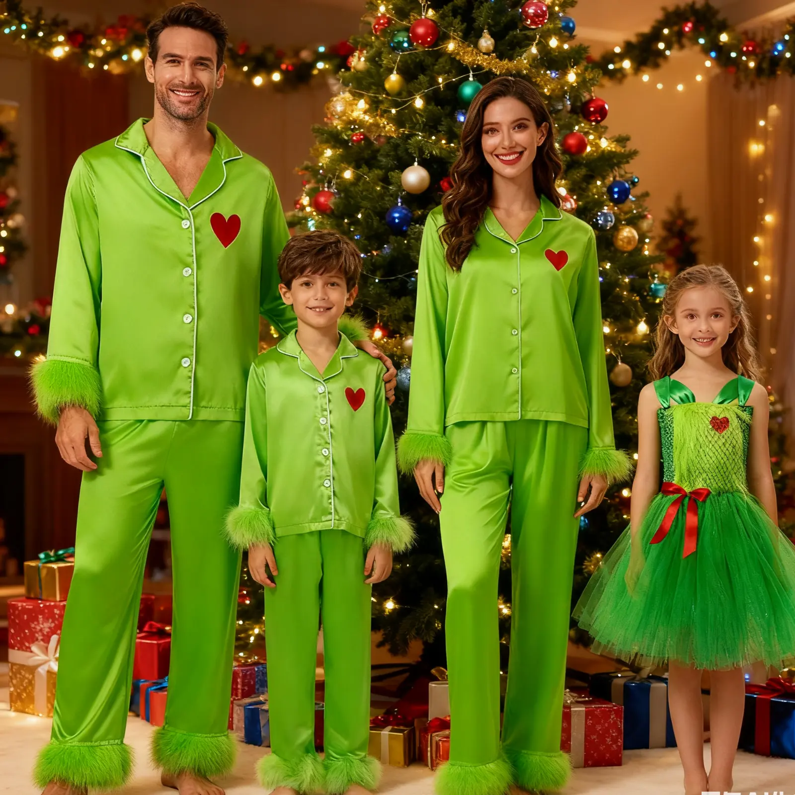 Family Matching Sets with Casual Heart Print, Long Sleeve Button-Down Polyester Pajamas for Women, Dad, Kids & Baby, Nightwear