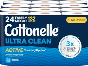 Cottonelle Ultra Clean Toilet Paper with Active CleaningRipples Texture, 24 Family Mega Rolls (24 Family Mega Rolls = 132 Regular Rolls) (4 Packs of 6), 353 Sheets Per Roll, Packaging May Vary