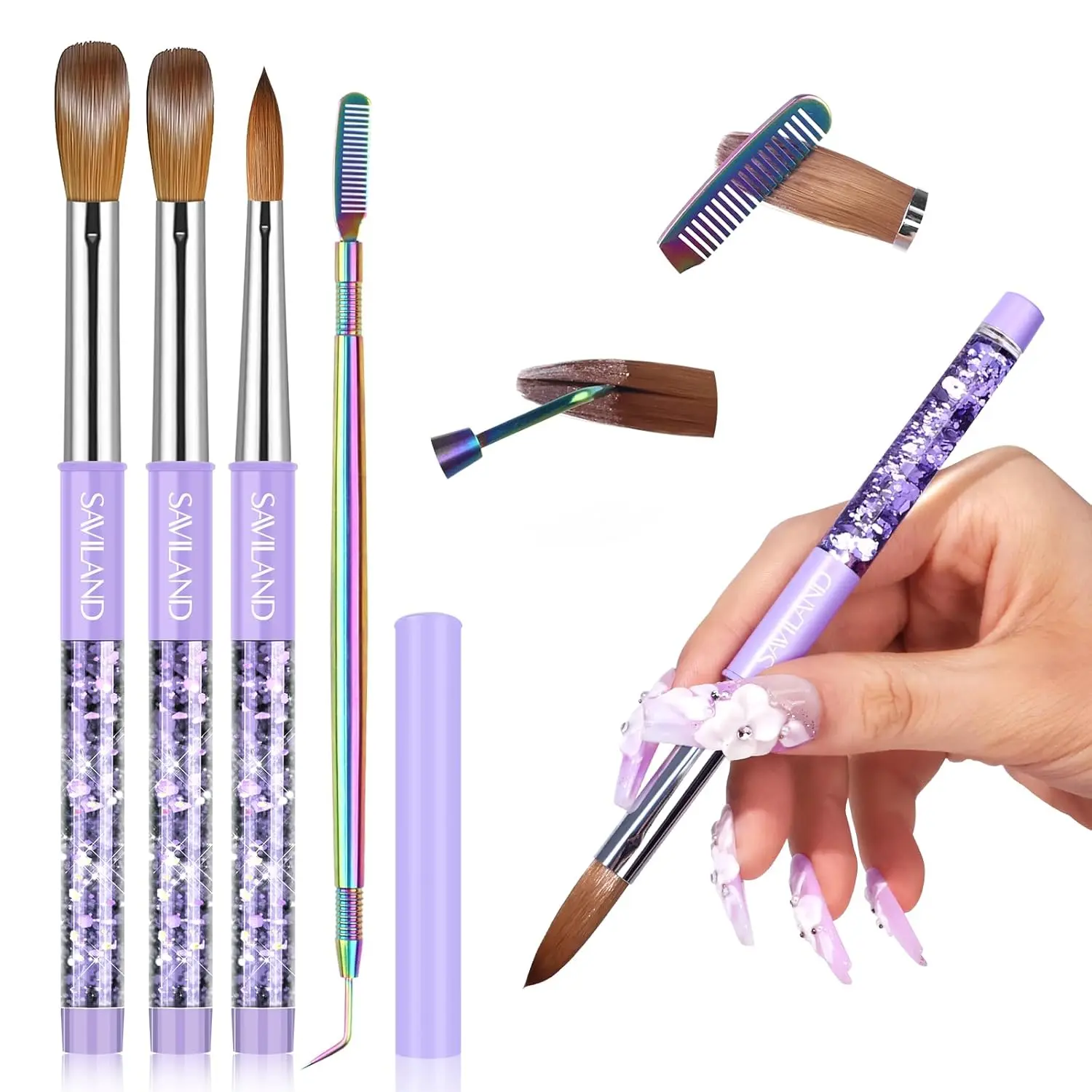 Kolinsky Acrylic Nail Brush Size 6,10,14 with Brush Cleaner Purple | Professional Nail Brushes, Cleaner Manicure Tool, Acrylic Brush Acrylic Powder, Nails Extension 3D Carving for Nail Art DIY