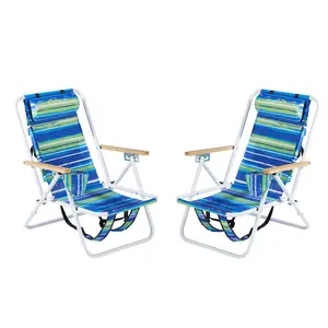 Set of 2 Folding Beach Chairs for Adults, 4-Position Reclining Backpack Camping Chairs with Headrest, Cup Holder, Wood Armrests