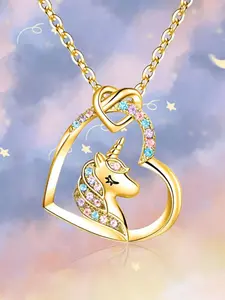 Unicorn Initial Necklace with shiny crystal heart pendant. Custom letter charm for girls, kids & teens. Hypoallergenic, lightweight, stylish. Ideal for daily wear, parties, layering. Perfect birthday gift for daughter & best friend.