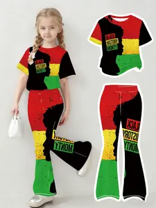Girls Cute Cartoon Pattern T-Shirt Flared Pants Kids School Travel Outfit