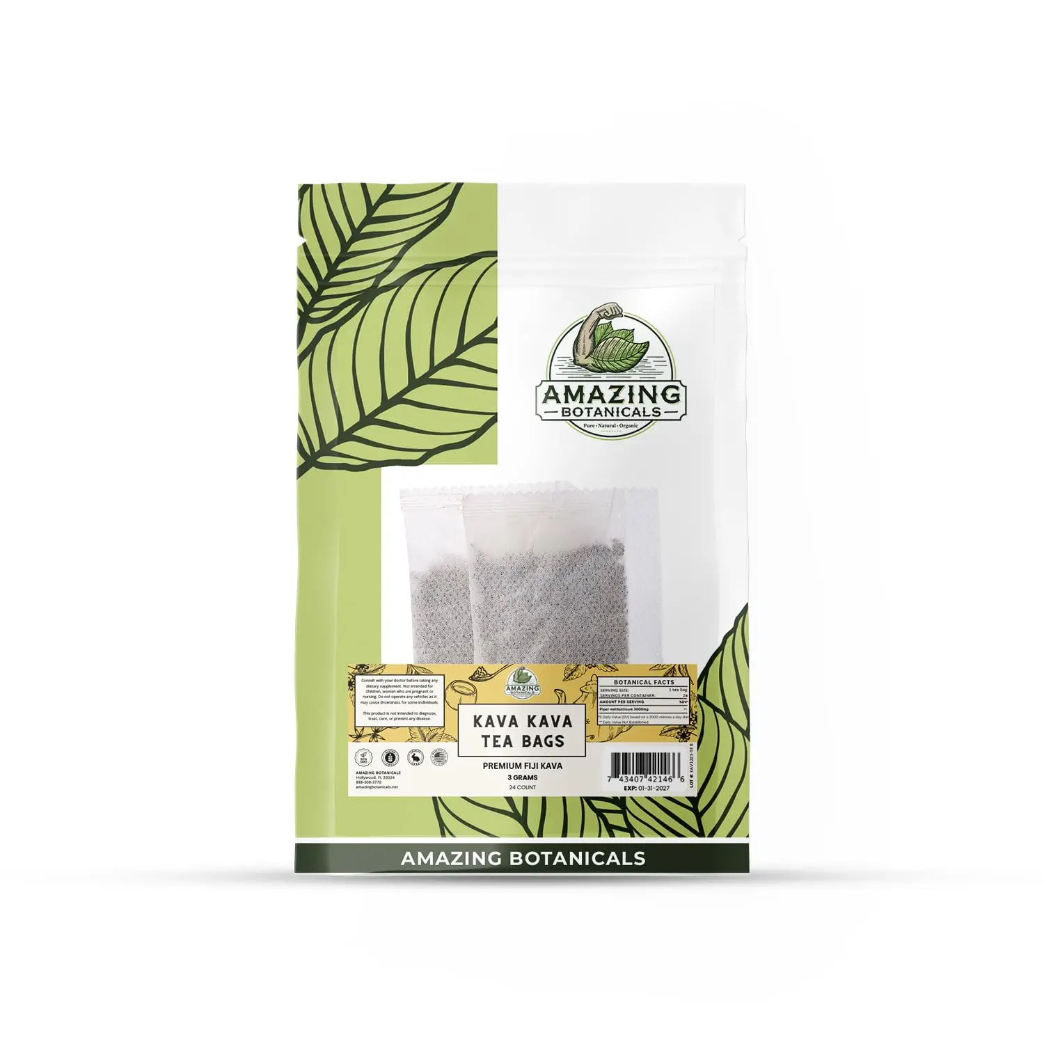 Amazing Botanicals Premium Kava Herbal Tea Bags - 3g Each, 24 Count Natural Health Supplement Beverage with Natural Ingredients for Stress Relief, Relaxation
