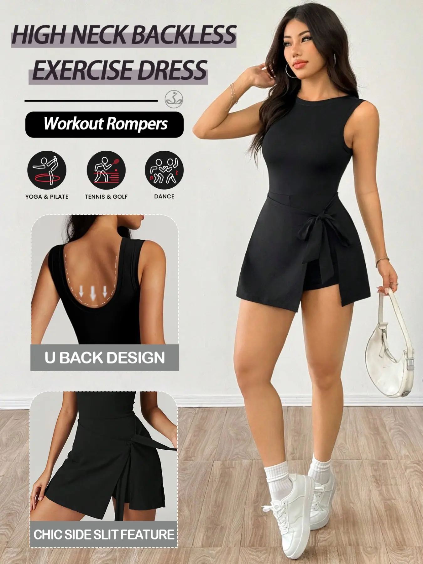 Womens High Neck Sporty Tennis Golf Dress, Sleeveless Side Slit Wrap Athletic Skirt Built in Shorts, Knot Backless Workout Rompers, Casual Daily Outdoor Yoga Activewear, Tennis Dress With Shorts