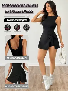 Womens High Neck Tennis Golf Dress, Sleeveless Side Slit Wrap Athletic Skirt Built in Shorts, Knot Backless Workout Rompers, Casual Daily Outdoor Yoga Activewear, Tennis Attire, Workout Athletic Dresses, Sports Dress