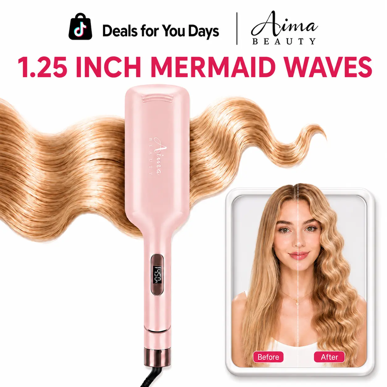 Aima Beauty Mermaid Hair Waver,1.25 inch Fast Beach Waves, Ionic Ceramic Curling Iron for No Skill Natural Hair Waver, Dual Voltage Travel Hair Tools for Women Mother Thick Hair Loose Waves