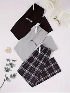 Women's Plaid & Letter Print Pajama Pants, Casual Comfy Loungewear Trousers, Ladies Sleepwear for All Seasons, Pyjamas, Womenswear, Homewear