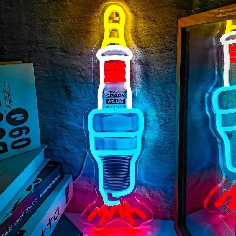 Spark plug sign wall decor neon light, colorful LED sign neon light, USB powered, perfect for garage, auto repair shop, man cave decor neon, Decorative Lights, Cool Lights, Led Lighted