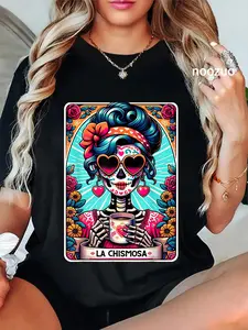 100% Cotton Unisex La Chismosa Tarot Card Mexican Chisme , Latina Skeleton T-Shirt