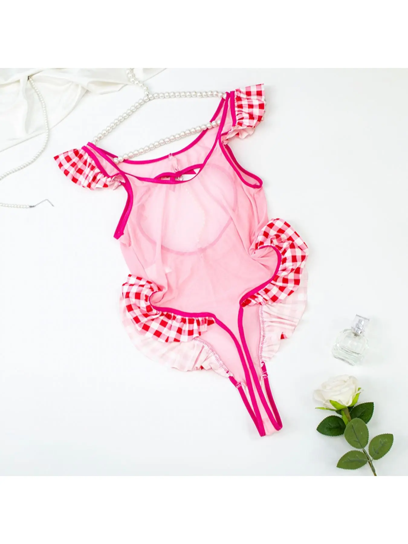 Women's Sexy Bodysuit, Pearl Heart Hollow Out Design for Music Festival, clothes for women Plaid Wire-Free One-Piece Lingerie, Perfect for Private Party plus size clothes Underwear