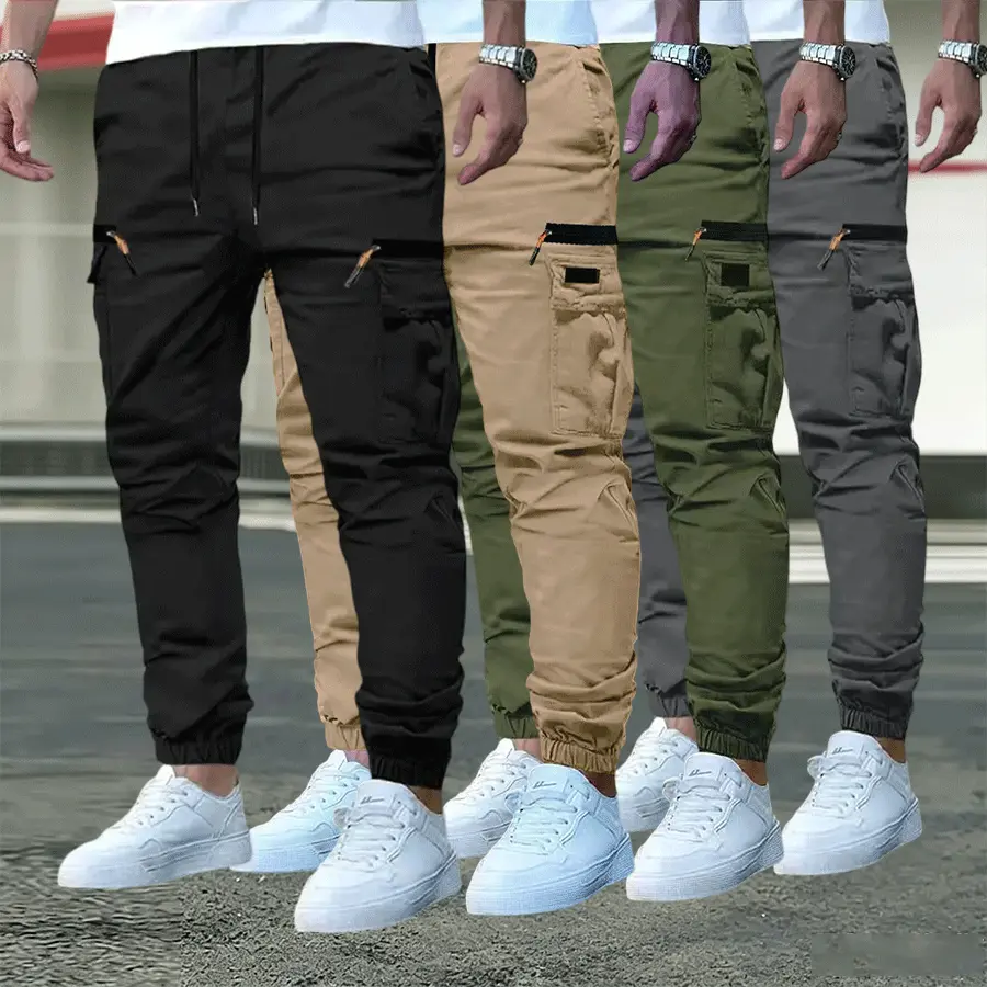 All-season solid-color functional cargo jogger pants, streetwear-inspired cargo-fit long pants with side webbing detailing on the cargo pockets, tapered cuffs, a drawstring adjustable waistband, and a minimalist, sophisticated look—ideal for everyday outi