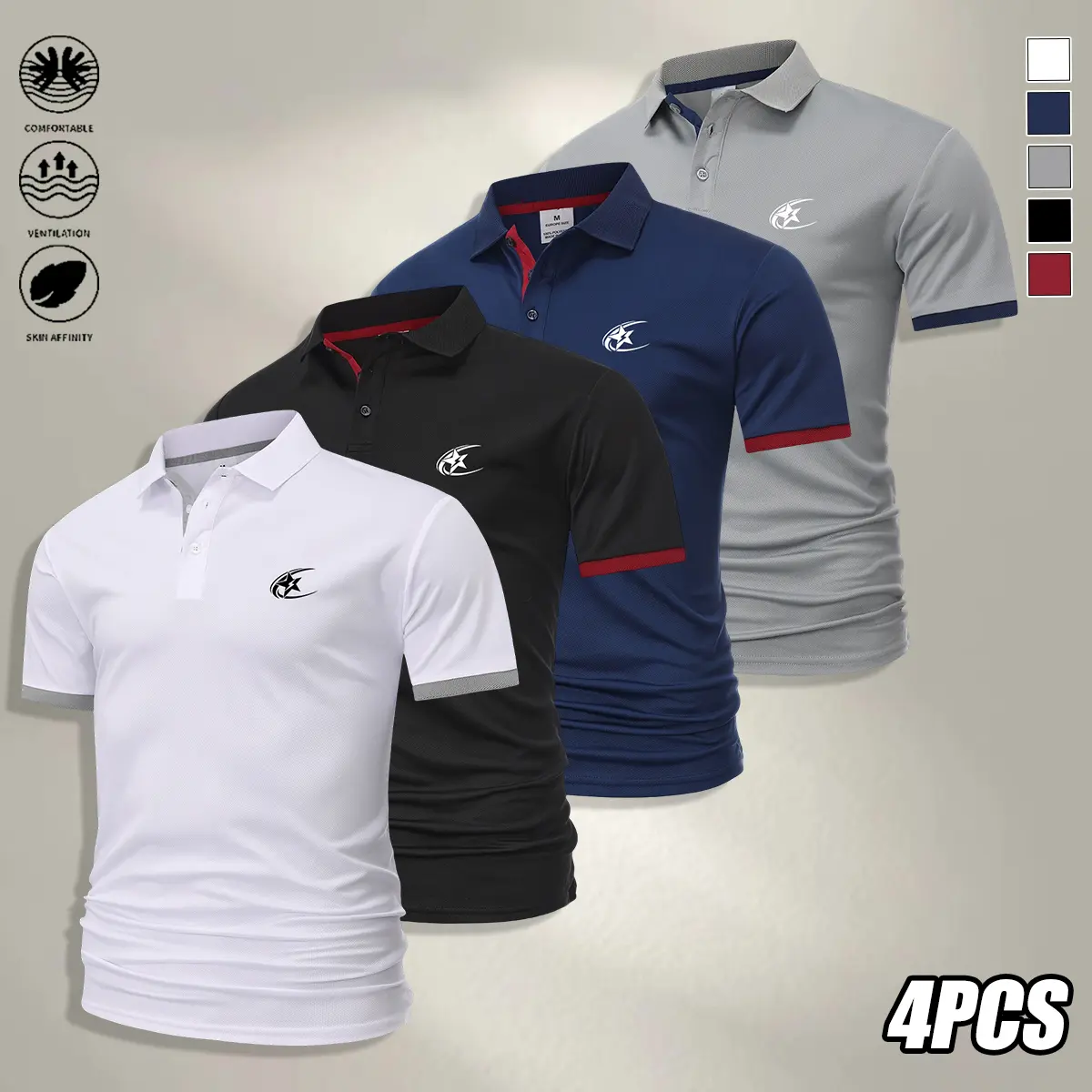 4-piece set, men’s short-sleeve polo shirts, solid colors, stylish printed design, versatile for business casual wear, outdoor outings, and home use, men’s short sleeves