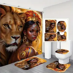 1/4pcs Lion Pattern Bathroom Decorations, 4 Countsset Including Shower Curtain & Toilet Lid Cover & Mat & U-shaped Mat, Bathroom Decor Supplies