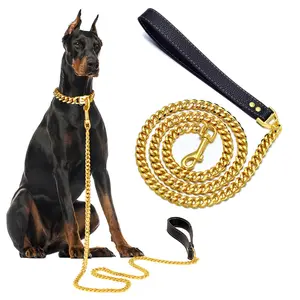 Dog Chain Leash 3FT 4.3FT Heavy Duty Stainless Steel 10mm Cuban Link Dog Leash with Comfortable Genuine Leather Handle for Puppy Small Medium Large Dogs